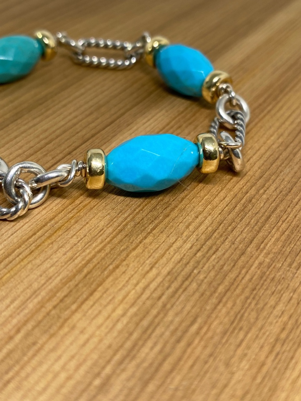David Yurman Turquoise Station Bracelet Sterling Silver 18K Gold Toggle - Picture 7 of 8